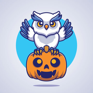 Cute Owl With Pumpkin Halloween Cartoon Vector Icon Illustration. Animal Holiday Icon Concept Isolated Premium Vector