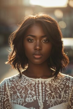 Beautiful African Woman her hair that falls in loose wave lighting casts a soft glow on her, highlighting her tanned skin, retro vintage feeling background created with Generative AI Technology