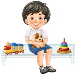 Fotobehang Smiling boy sitting with dog and colorful toys © GraphicsRF