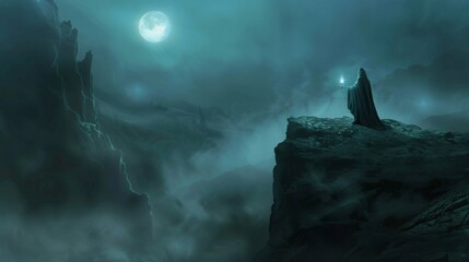 A solitary figure with a glowing orb stands on a rugged cliff under the bright moon in a vast,...