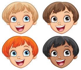 Four cartoon kids with cheerful expressions and diversity