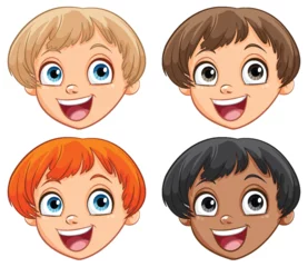 Zelfklevend Fotobehang Kinderen Four cartoon kids with cheerful expressions and diversity