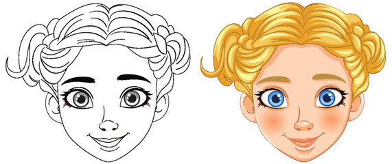 Vector illustration of a girl's face, before and after coloring.