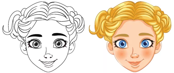 Fotobehang Kinderen Vector illustration of a girl's face, before and after coloring.