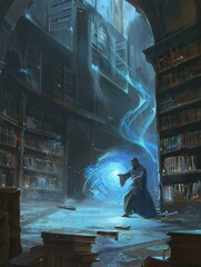 A cloaked sorcerer harnesses swirling elemental magic within the ruins of a once-great mystical library.