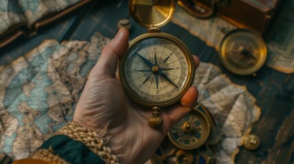An explorer's seasoned hand opens a detailed compass, ready to chart a course across the historic...