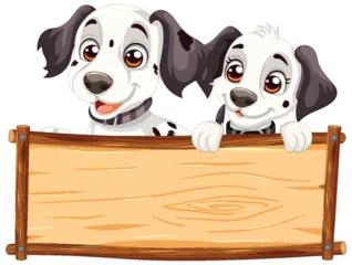 Türaufkleber Two cartoon dogs peeking over a blank sign © GraphicsRF