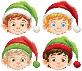 Four cartoon elves wearing Christmas hats smiling.