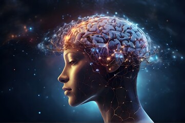 Obraz premium Close-up of face of cyber mind on dark blue background. Artificial intelligence in humanoid head. Electronic mind. Digital Brain, big data, analysis information. Virtual concept
