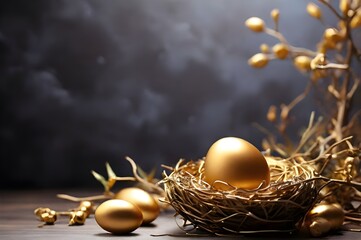 Closeup of golden egg in the grassy bird’s nest with copy space. Concept of retirement freedom, pension rewards, pension savings and investments, returns or Investment funding. 