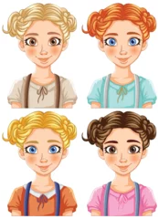 Afwasbaar Fotobehang Kinderen Four different cartoon girls with unique hairstyles.