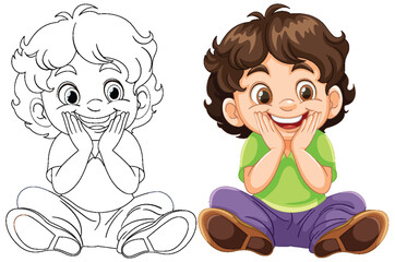 Colorful and line art of a happy child sitting