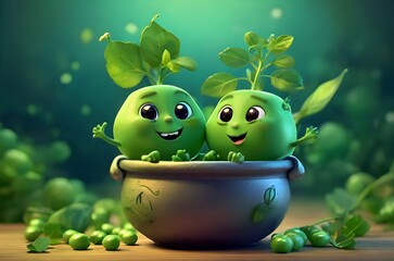 Two cute green peas happily germinating in a pot for the concept of Green energy. Cheerful cheeky pea peeks. International environmental day. Save the planet. 