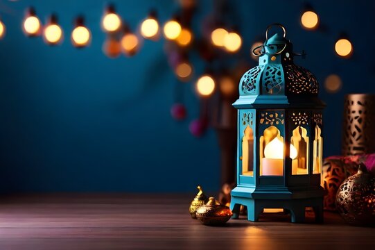 Fawanis. Arabic lantern with burning candle glowing with copy space. Festive greeting card, invitation for muslim holy month ramadan kareem. Eid mubarak concept background. Islamic holiday. 