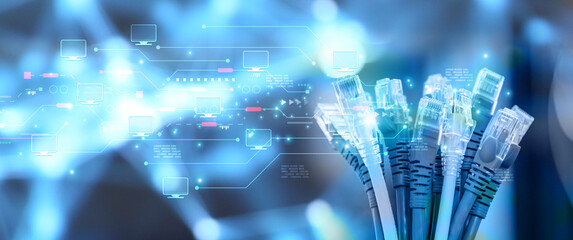 Lots of RJ45 UTP Cat6 LAN internet network cable fiber optic and Ethernet cables with computer icons data link connect cloud computing server networking devices system to switch or hub modem router.