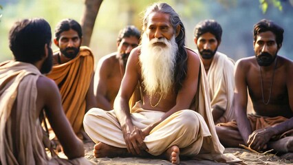 Old Indian guru surrounded by his disciples