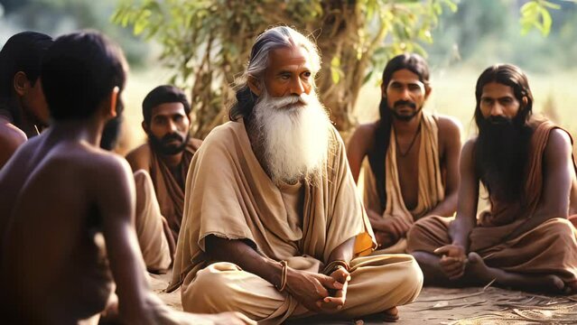 Old Indian guru surrounded by his disciples