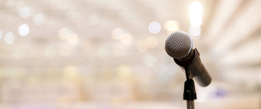 Microphone for press conference speaker report interview concepts or broadcasting public speaking speech presentation stage performance and reporter news with empty copy space background.