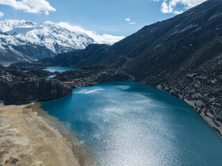 Aerial view of high altitude mountain and lake landscape in tibet, China