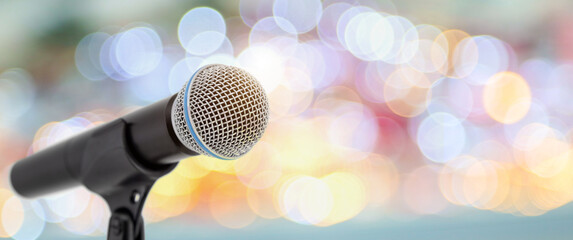 Microphone for press conference speaker report interview concepts or broadcasting public speaking speech presentation stage performance and reporter news with empty copy space background. - obrazy, fototapety, plakaty