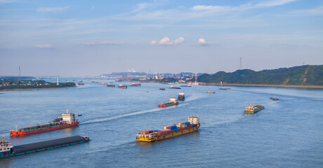 Yangtze river water transportation scene at dusk - 759434702