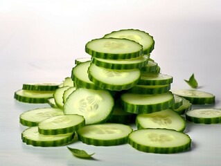 sliced cucumber on a white wooden table, top view