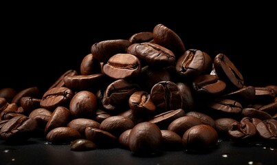 Roasted coffee beans on black background. Close-up image.