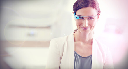 Obraz premium Woman, portrait and futuristic with smart glasses technology for digital communication, biometrics or corporate. Female person, virtual reality and business innovation or cyber, metaverse or online