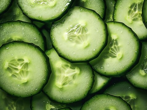 Cucumber slices with water drops, close-up, macro