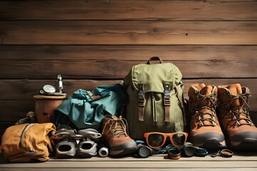 Travel camping essentials neatly arranged on wooden surface, presenting important outdoor hiking gear items. The concept of travel, hiking, vacation, adventure, road trip. Active lifestyle.