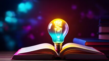 Opened book with glowing light bulb. Thinking, inspiration, learning, creativity, reading, knowledge sharing concept. World Book and Copyright Day April 23, International Literacy Day September 8