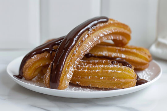Delicious Churros with Chocolate Sauce on White Plate Gen AI
