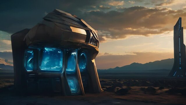 An outpost with futuristic architectural structures in a desolate desert.
