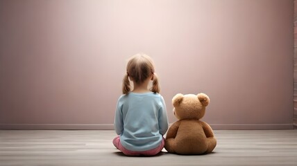 A upset lonely bullied little girl sitting on floor with teddy bear in an empty room. Unhappy preschool child, melancholic or bored. Stop bullying. Neurological and developmental disorder. 