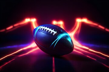 Close-up of an American Ball with neon background for wallpaper, banner, Poster. Preparation for Championship Game. Super bowl. American Football Kickoff Game Start. Rugby football