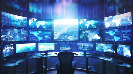 Computer displays showing various maps in a blue lit command center