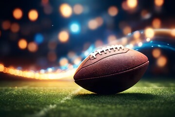 Close-up photo of an American Ball Standing on a Field with stadium lights. Preparation for Championship Game. Super bowl. Wallpaper. 3D high quality rendering. American Football Kickoff Game Start. 
