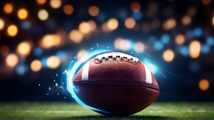 Close-up photo of an American Ball Standing on a Field with stadium lights. Preparation for Championship Game. Super bowl. Wallpaper. 3D high quality rendering. American Football Kickoff Game Start. 