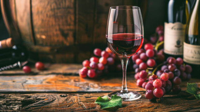 Glass of wine with red grapes surrounding it on rustic wooden table, copy space, menu photography