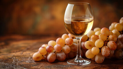 Glass of rose wine on a rustic wooden table with grapes surrounding, room for copy space, menu image