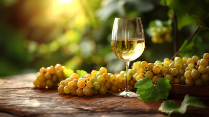 Glass of white wine on a rustic wooden table with grapes surrounding, room for copy space, menu image