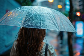 Woman with umbrella in rainy day. Close up.