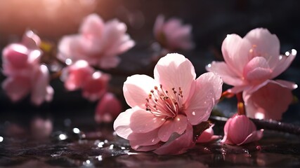 Macro shot of Cherry blossom glows with dew moisture in the morning sunlight. Japanese Sakura blossoming season, Symbolizes life and death, beauty and violence. Dreamy romantic image spring