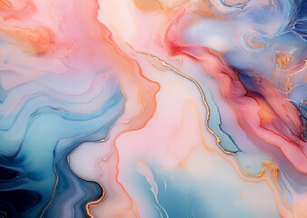 Abstract watercolor background, fluid art, alcohol ink, liquid marble texture.  Sunrise decorative pattern, color flowing peach, pink, blue, orange.  Wavy swirls, air wind, colorful vapour. 