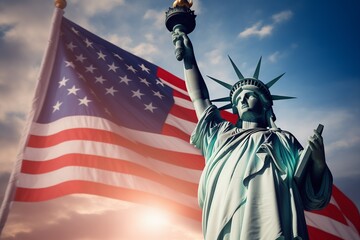 Statue of liberty and American flag