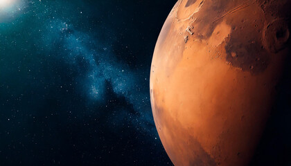 Dark side of the Red Planet seen from space, symbolizing mystery and exploration. Perfect for...