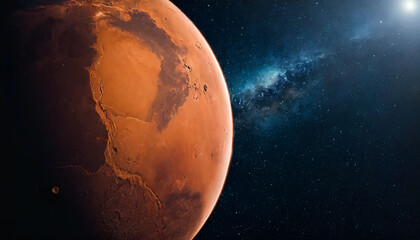 Dark side of the Red Planet seen from space, symbolizing mystery and exploration. Perfect for...