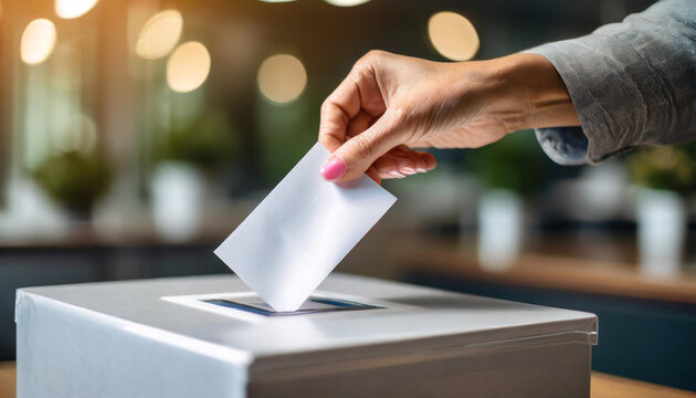 woman's hand carefully places her vote in a ballot box, symbolizing democracy and civic duty