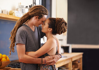 Hug, rasta and home with couple, happiness and bonding together with romance and relaxing....
