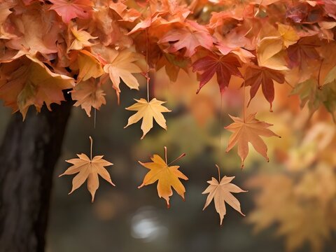 Maple leaves hanging gracefully in mid-air, a serene portrayal of autumn's beauty.